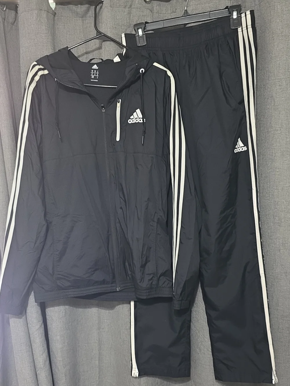 Adidas Men’s Black Windbreaker Jacket & Track Pants Set with White Stripes